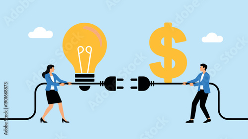 A man and woman in business attire pulling on opposite ends of a power cord with a lightbulb and dollar sign attached