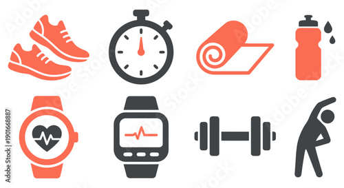 Set of fitness and workout icons including running shoes, stopwatch, yoga mat, water bottle, smartwatch, heart rate monitor, dumbbell, and stretching figure