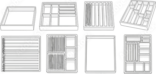 Drawer organizer set, kitchen utensil tray inserts, modular storage boxes, cutlery dividers, home organization solution, minimalist line icon