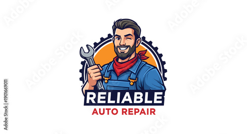 Reliable Auto Repair Mechanic Holding Wrench Logo.