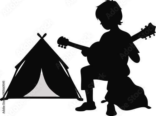 Boy Playing An Acoustic Guitar By A Tent Silhouette