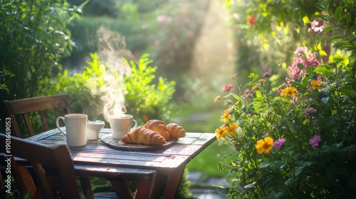 A cozy outdoor breakfast scene in a small garden patio just after a refreshing morning rain, featuring a rustic wooden table set with steaming cups of coffee and freshly baked croissants. Soft