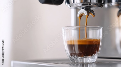 Close-up view of a coffee capsule being inserted into a shiny, stainless steel coffee machine, followed by a stream of freshly brewed espresso pouring into a crystal-clear glass cup; the scene is set