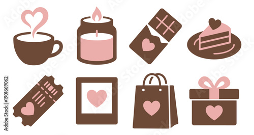 Set of love and romance icons including coffee, candle, chocolate, gift box, and shopping bag, representing Valentine’s Day and romantic lifestyle