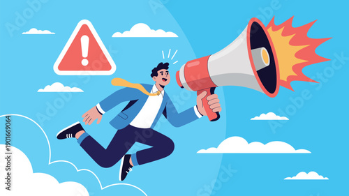 A cartoon man runs while holding a megaphone with a warning sign in the background.