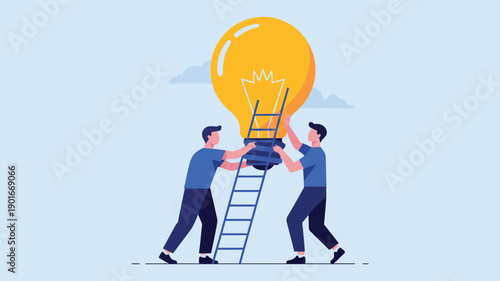 Two men working together to change a large light bulb using a ladder