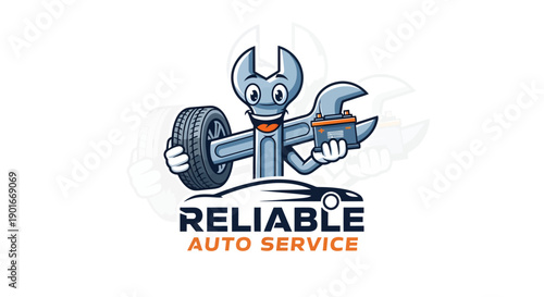Reliable Auto Service Cartoon Mechanic Holding Tire and Wrench.
