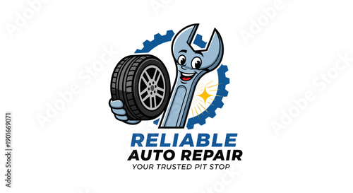 Reliable Auto Repair Logo with Wrench and Tire Character.