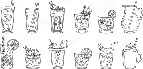 Hand drawn beverage glasses set, cocktail mocktail juice soda lemonade illustration, minimalist black line art drink collection isolated