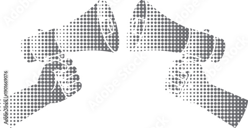 Two Halftone Megaphones Held by Hands, Symbolizing Communication and Protest