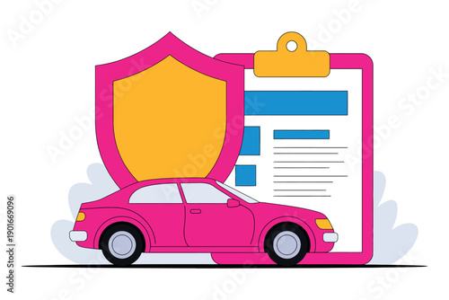 A pink car is protected by a shield on a clipboard with a document