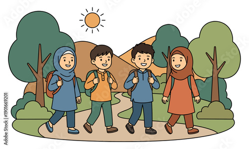 Group of Muslim children walking to school with backpacks, representing education, friendship, and happy daily life
