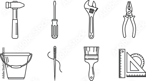 Hand drawn construction tools illustration set, hammer screwdriver wrench pliers ruler brush bucket, black and white line art icons