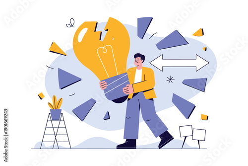A man holding a large broken lightbulb with geometric shapes around him, symbolizing a creative idea or innovation.