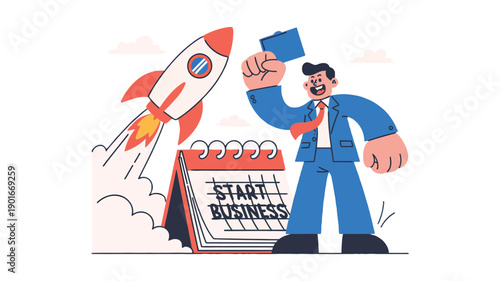 A cartoon businessman celebrates launching his new startup business with a rocket ship blasting off into the sky