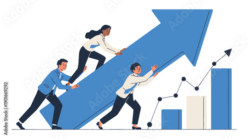 A diverse team of business professionals working together to push a large blue arrow upwards, symbolizing growth and success in a corporate setting.