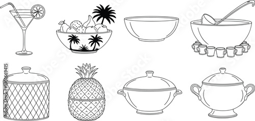 Hand drawn kitchen bowl and cocktail glass set, minimal line art tableware collection, black outline vector illustration on white background
