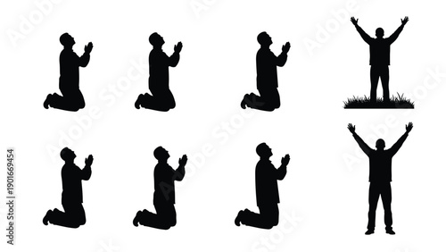 Man Kneeling in Prayer and Standing in Worship us Devotion ConceptsMan Kneeling in Prayer and Staouette Set for Spiritual Faith, C