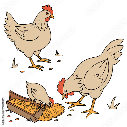 Cartoon chickens eating from box of feed farm animals