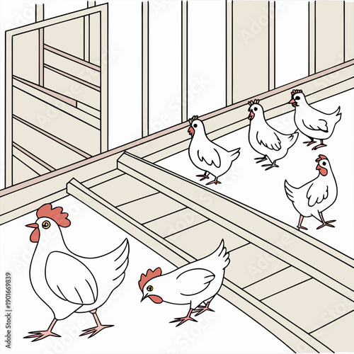 Cartoon chickens in a chicken coop farm animals