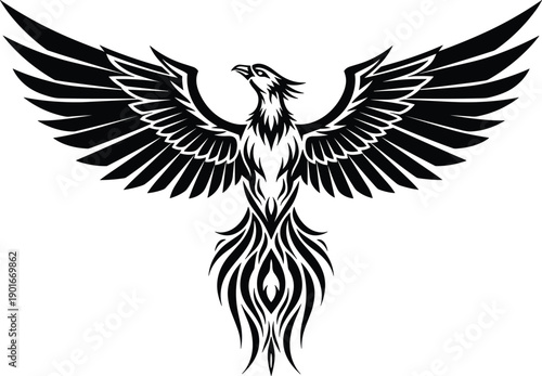 Black and white tribal phoenix bird vector illustration with spread wings and flame tail for mythological mascot logo tattoo design and apparel print