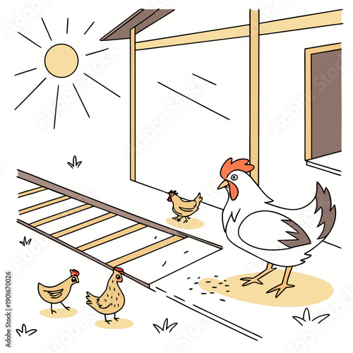 Chickens eating from a feeding trough near a coop chicken coop