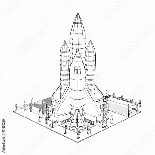 Detailed wireframe illustration of a space shuttle on a launchpad.