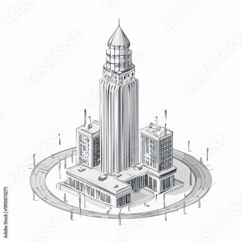 Isometric illustration of a modern skyscraper with surrounding buildings and infrastructure.