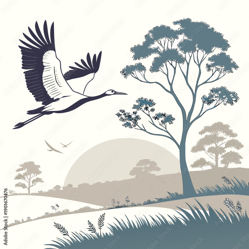 Fototapeta premium Bird flying over tree and grassy hill crane