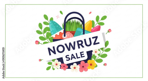 Nowruz sale banner with colorful flowers and shopping bag