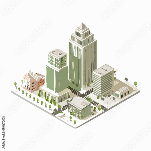Isometric illustration of a modern city block with various buildings and green spaces.