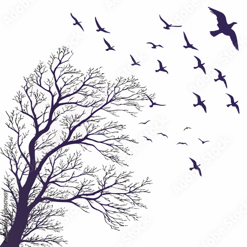 Dark purple silhouette of bare tree with flock of birds flying