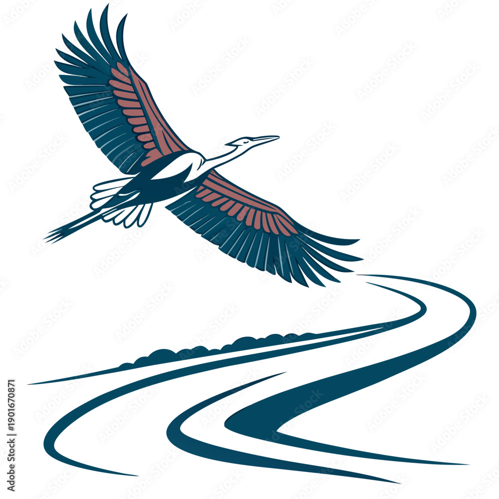 Fototapeta premium Flying crane with outstretched wings over wavy lines