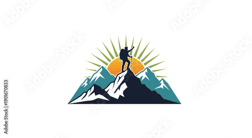 Silhouette of a hiker standing triumphantly on a mountain peak at sunrise.