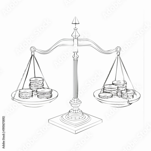 Simple line drawing of a balance scale with coins on both sides.
