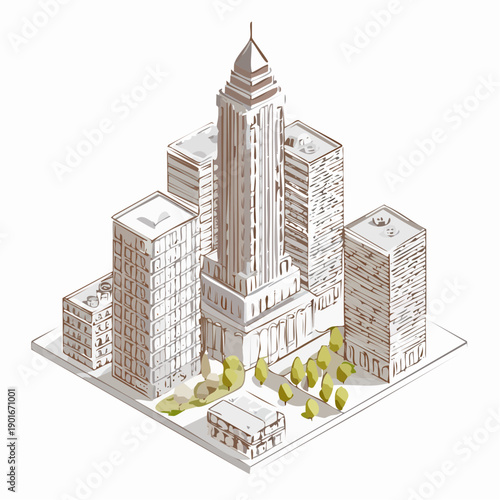 Isometric illustration of a cityscape with a prominent central tower surrounded by smaller buildings and greenery.