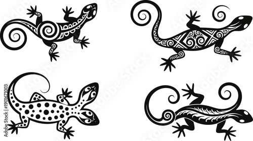 Tribal gecko tattoo design collection, black and white vector lizard art, Polynesian pattern, decorative reptile illustration, symbolic animal, tropical culture, nature
