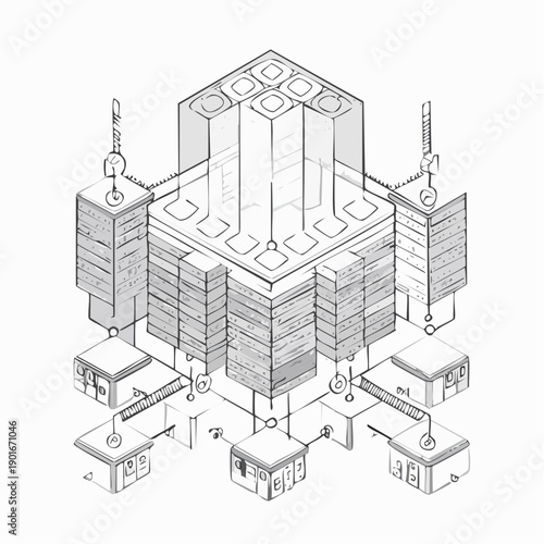 Detailed isometric illustration of a data center with multiple server racks and connected infrastructure.