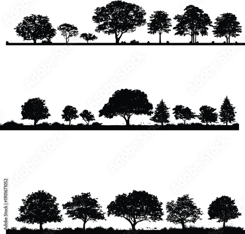 Tree silhouette set, black forest icons, nature shapes, landscape design elements, botanical clipart, isolated foliage, vector trees, shrubs
