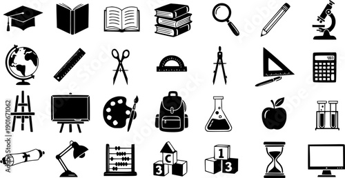 Education School Supplies Icons Set - Black  White Glyph Symbols for Learning  Academic Resources