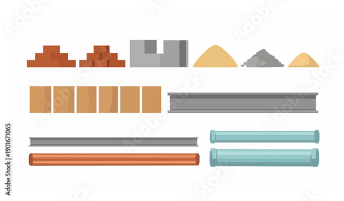 Construction materials vector set with bricks wood metal pipes and aggregates isolated on white background
