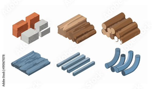 Isometric building materials illustration with grouped construction supplies isolated on white background