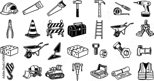 Black and White Line Art Construction Tools and Equipment Vector Icon Set. Hand-Drawn Building, Work, and DIY Instruments Collection.