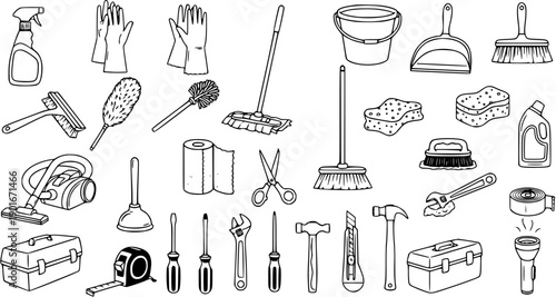 Hand Drawn Line Art Vector Set of Home Maintenance, Cleaning and Repair Tools. A Black and White Doodle Collection of Household Supplies.