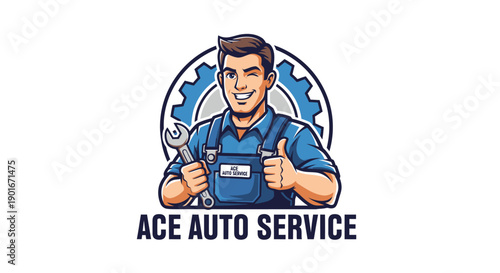 Smiling Mechanic with Wrench and Thumbs Up Logo Design.