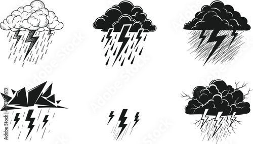 Thunderstorm icon set, lightning bolt illustrations, storm cloud graphics, weather symbols, dramatic rain design, abstract storm art, vector elements