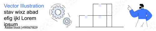 Business workflow, automation, team collaboration, logistics, process management, efficiency. Gears, stacked boxes and a person pointing illustrate concepts. Automation and workflow optimization