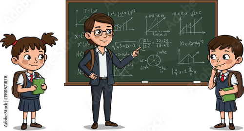 Teacher explaining math equations on chalkboard, students in school uniform, classroom learning, education concept, mathematics lesson, academic environment, teamwork