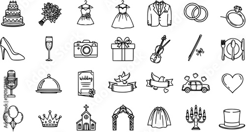 Wedding Line Art Icons Set. Hand Drawn Black and White Outline Illustrations of Marriage Celebration Elements, Symbols, and Objects for Events.