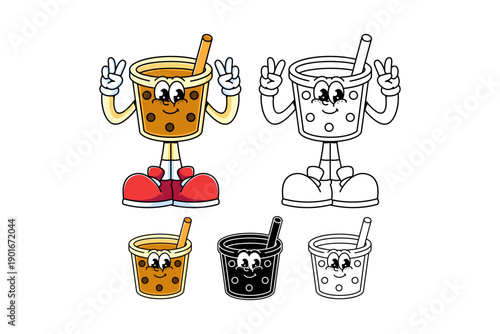 Bubble tea cup beverage retro cartoon character standing and showing peace hands for cafes, dessert, street food mascot and merchandise. Boba drink, Tapioca drink mascot logo